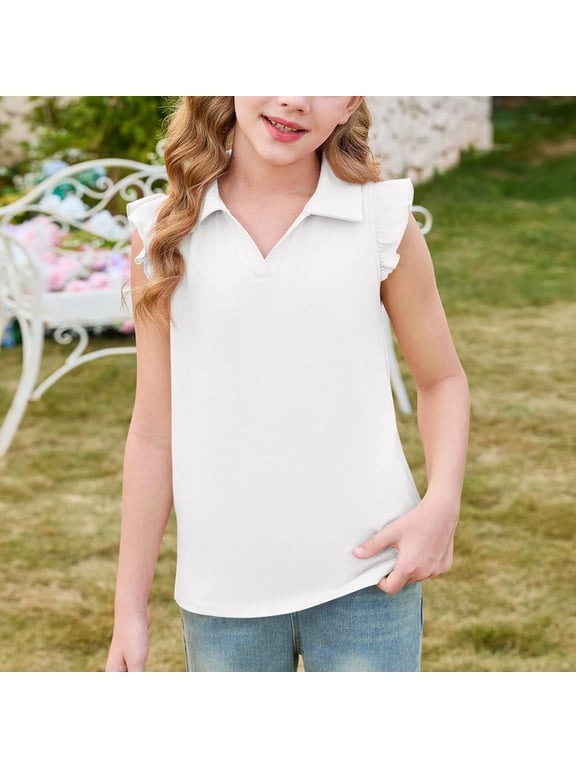 Girls Ruffle Short Sleeve Polo Shirt Golf Tennis Top 5-14 Years V-Neck, Kids School Uniform Tees, Elegant Ruffled Sleeves, Casual Summer Tops