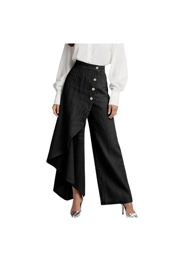 High Waisted Wide Leg Pants Womens Casual Asymmetrical Ruffle Hem Button Down Flowy Palazzo Pant Summer Vacation Black M
