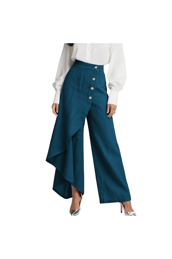 High Waisted Wide Leg Pants Womens Casual Asymmetrical Ruffle Hem Button Down Flowy Palazzo Pant Summer Vacation Blue M