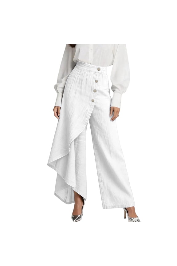 High Waisted Wide Leg Pants Womens Casual Asymmetrical Ruffle Hem Button Down Flowy Palazzo Pant Summer Vacation White 2XL