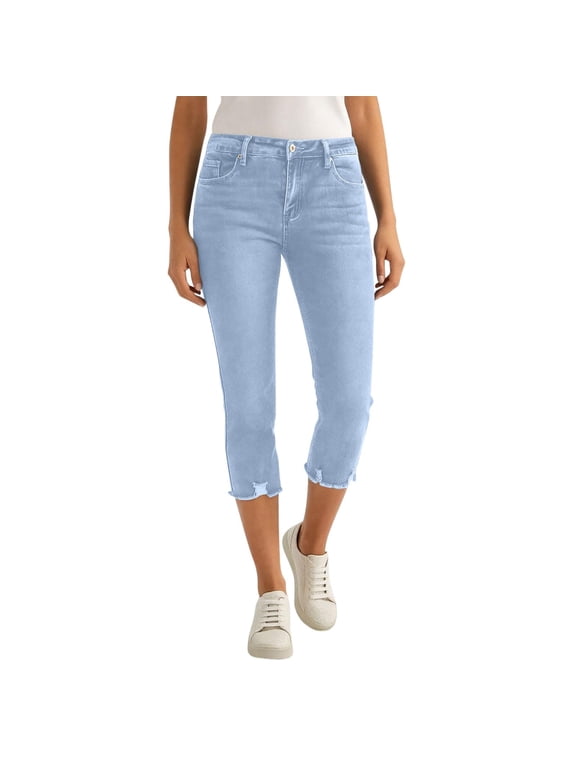 Jean Capri Pants for Women High Waisted Ripped Jeans Stretchy Denim Capris Cropped Legging with Pockets Light Blue S