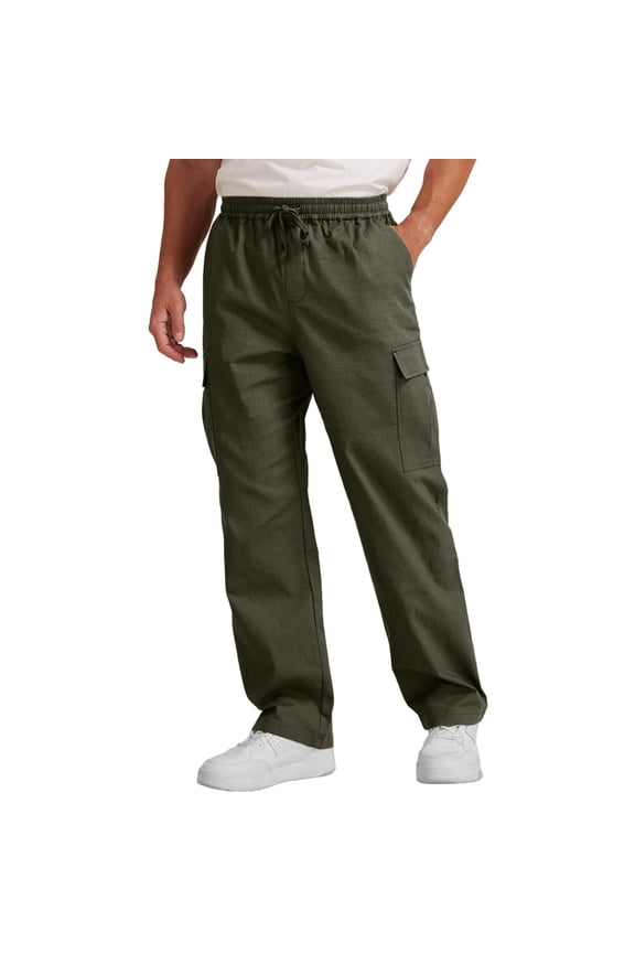 Linen Pants for Men Casual Loose Fit Beach Pants Summer Elastic Waist Drawstring Cargo Trousers with Pockets Army Green M