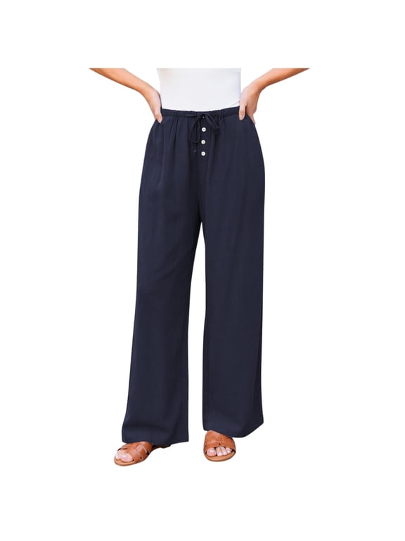 Linen Wide Leg Pants Woman High Waisted Pull On Button Drawstring Baggy Casual Summer Palazzo Pants 2026 Solid Trousers Navy M