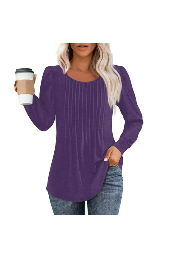 Long Sleeve Blouses for Women Dressy Casual Pleated Shirts Fall Fashion Crew Neck Tunic Tops for Leggings Trendy Clothes Purple XL
