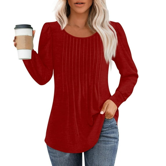 ADSSDQ Long Sleeve Blouses for Women Dressy Casual Pleated Shirts Fall Fashion Crew Neck Tunic Tops for Leggings Trendy Clothes Red XL