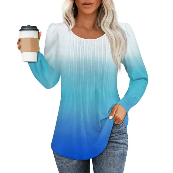ADSSDQ Long Sleeve Blouses for Women Dressy Casual Pleated Shirts Fall Fashion Crew Neck Tunic Tops for Leggings Trendy Clothes Sky Blue M