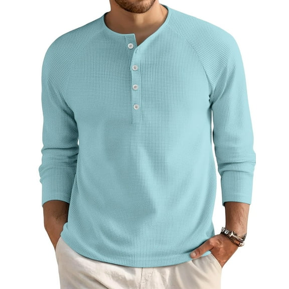 ADSSDQ Long Sleeve Henley Shirts for Men Casual Waffle Knitted Fashion Pullover 4-Button T-Shirt Crewneck Sweatshirt Cyan L