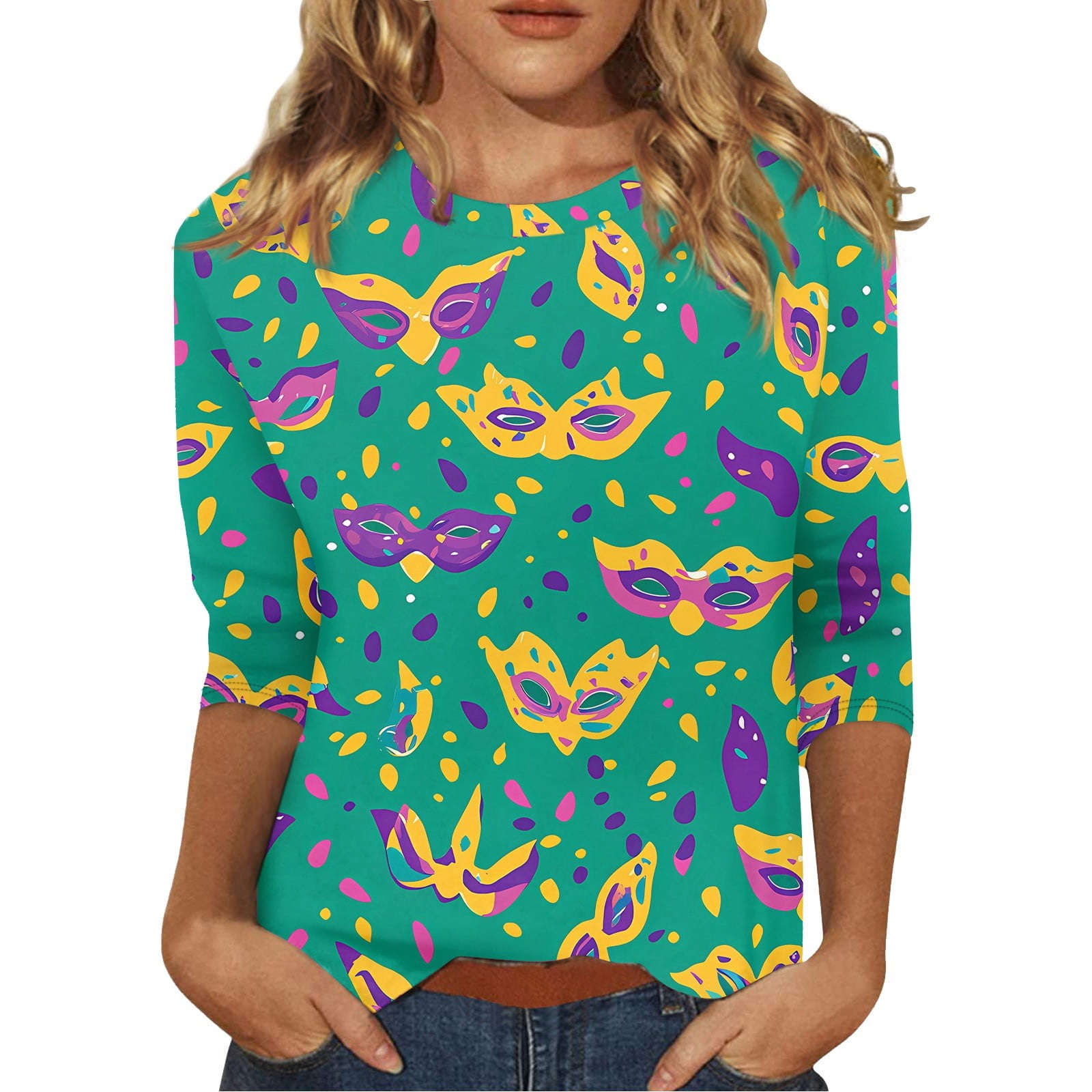 ADSSDQ Mardi Gras Shirts for Women 2025 Trendy 3/4 Sleeve Tunic Tops Crew Neck Pullover Graphic