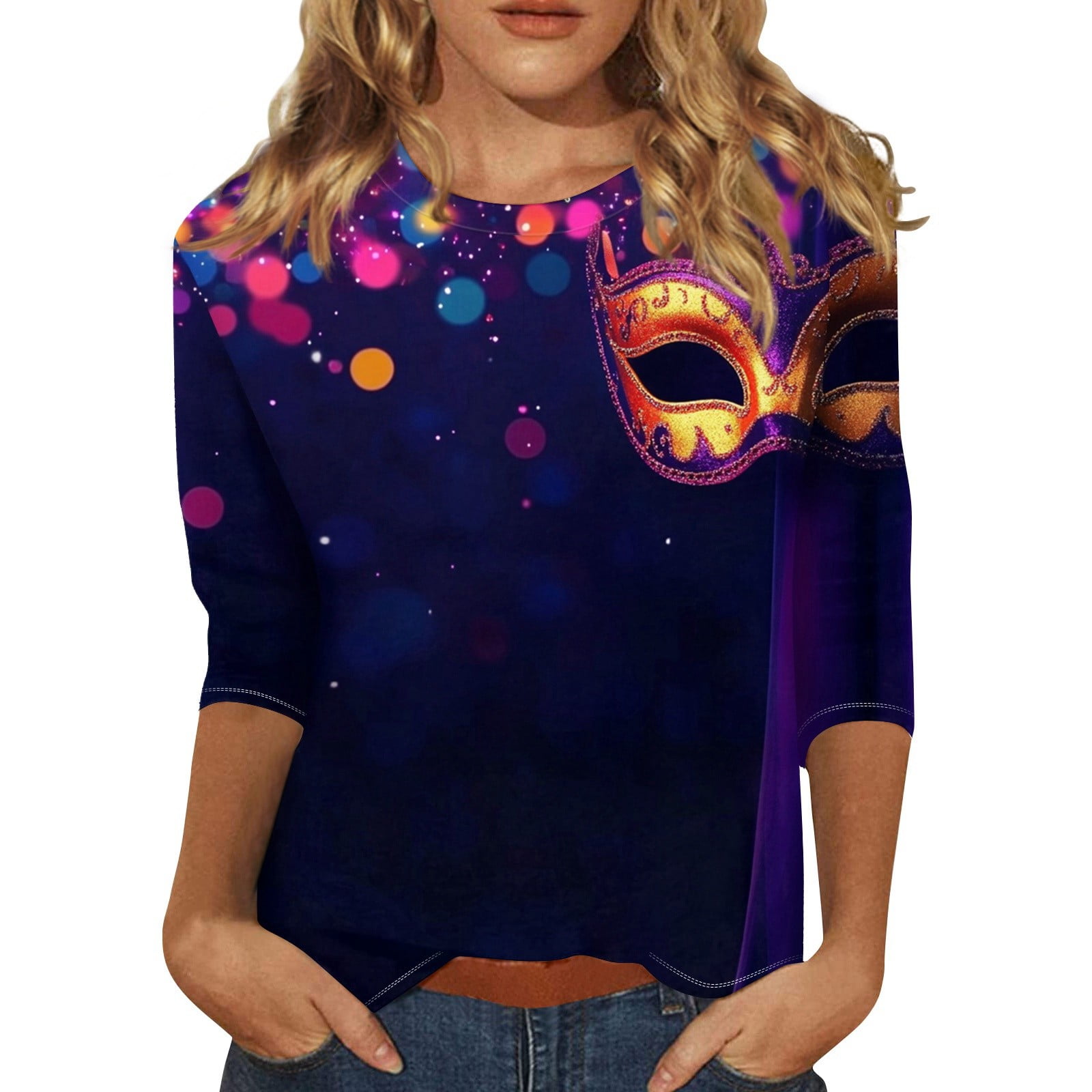 Women's Mardi Gras Glitter T-Shirt - Funny Fat Tuesday Carnival Party Top With Colorful Print