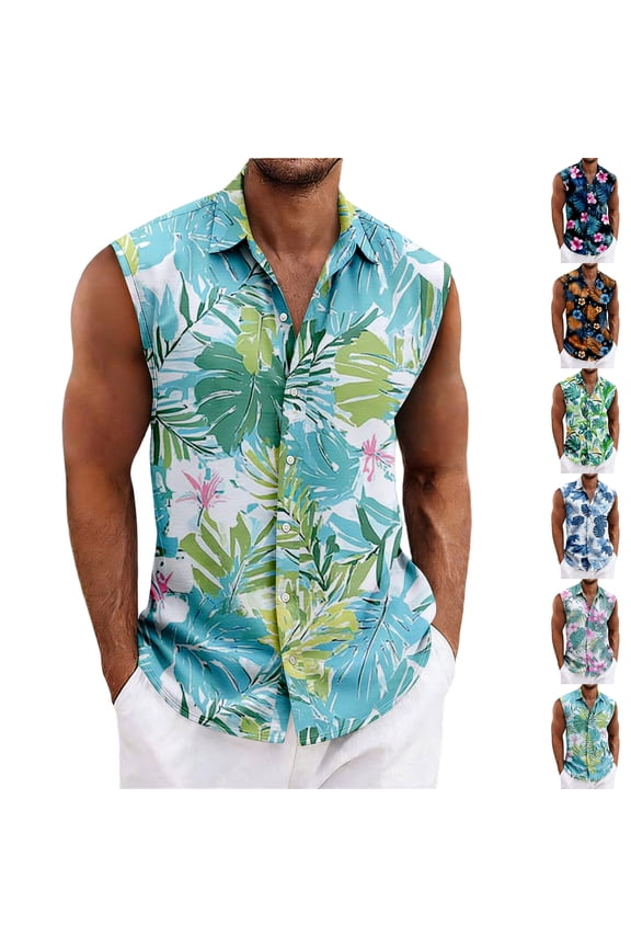 Men Sleeveless Button Down Shirts Hawaiian Floral Print Summer Tank Tops for Beach Vacation Pink XL