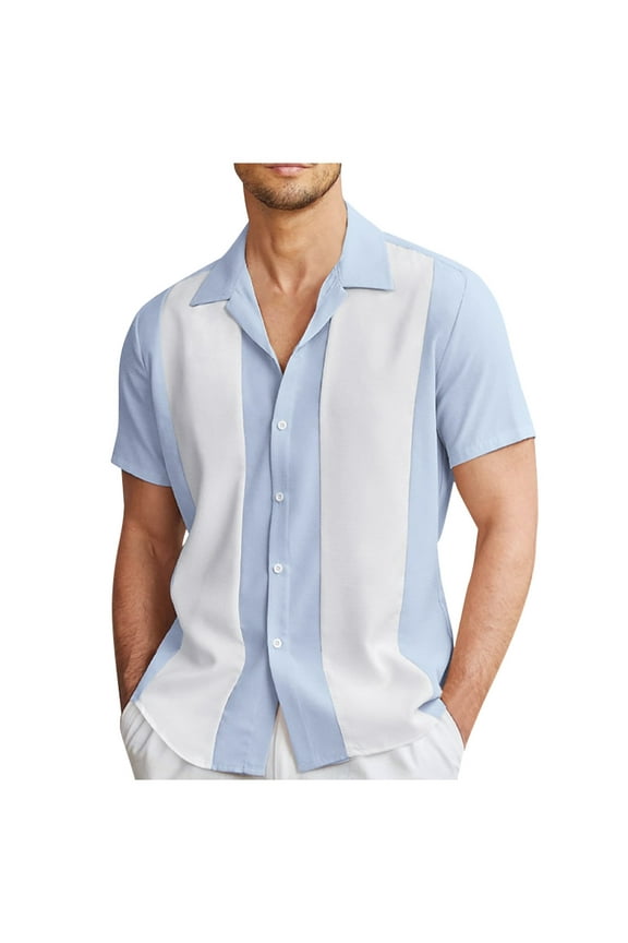 Men's Camp Collar Retro Vintage Bowling Button Down Shirt Casual Short Sleeve Color Block Shirts Summer Blue 3XL