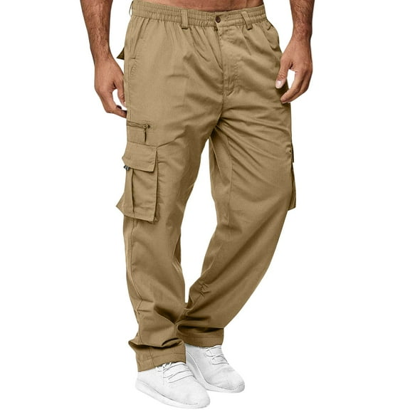 ADSSDQ Men's Casual Cargo Pants Drawstring Stretch Outdoor Joggers Elastic Waist Straight Pants Sweatpants with Pockets Khaki 3XL