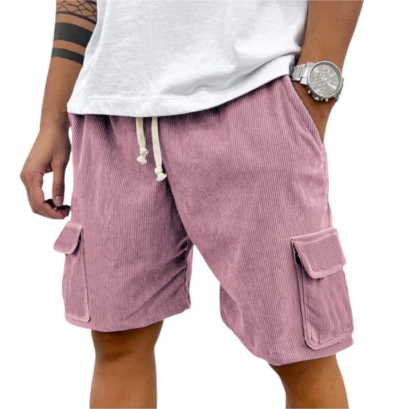ADSSDQ Men's Corduroy Cargo Shorts Elastic Waist Drawstring Casual Short Solid Loose Lightweight Summer Shorts with Multi Pockets Pink 2XL