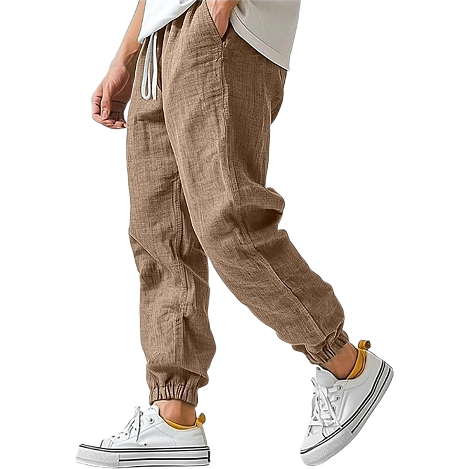 TRFIC Men's Linen Casual Pants - Button Fly, Elastic Drawstring Waist, Baggy Straight Fit For Yoga & Beach