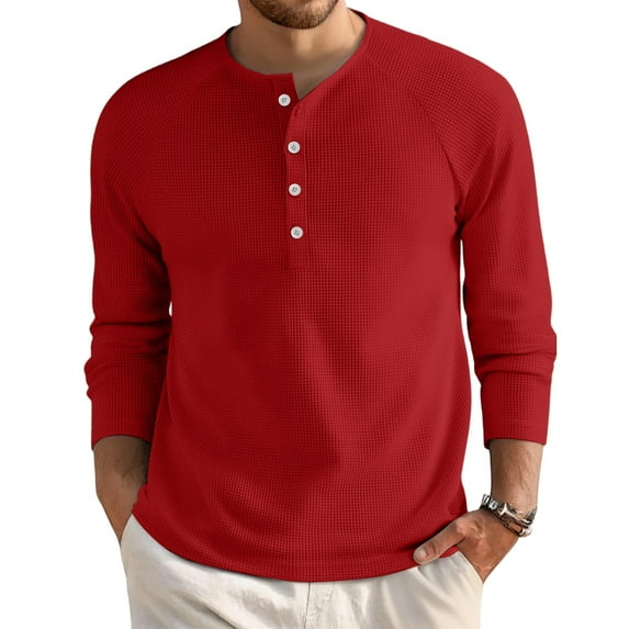 ADSSDQ Men's Henley Shirts Long Sleeve Basic Waffle Knitted Pullover T-Shirt Crewneck Lightweight Sweater with 4-Button Red 3XL