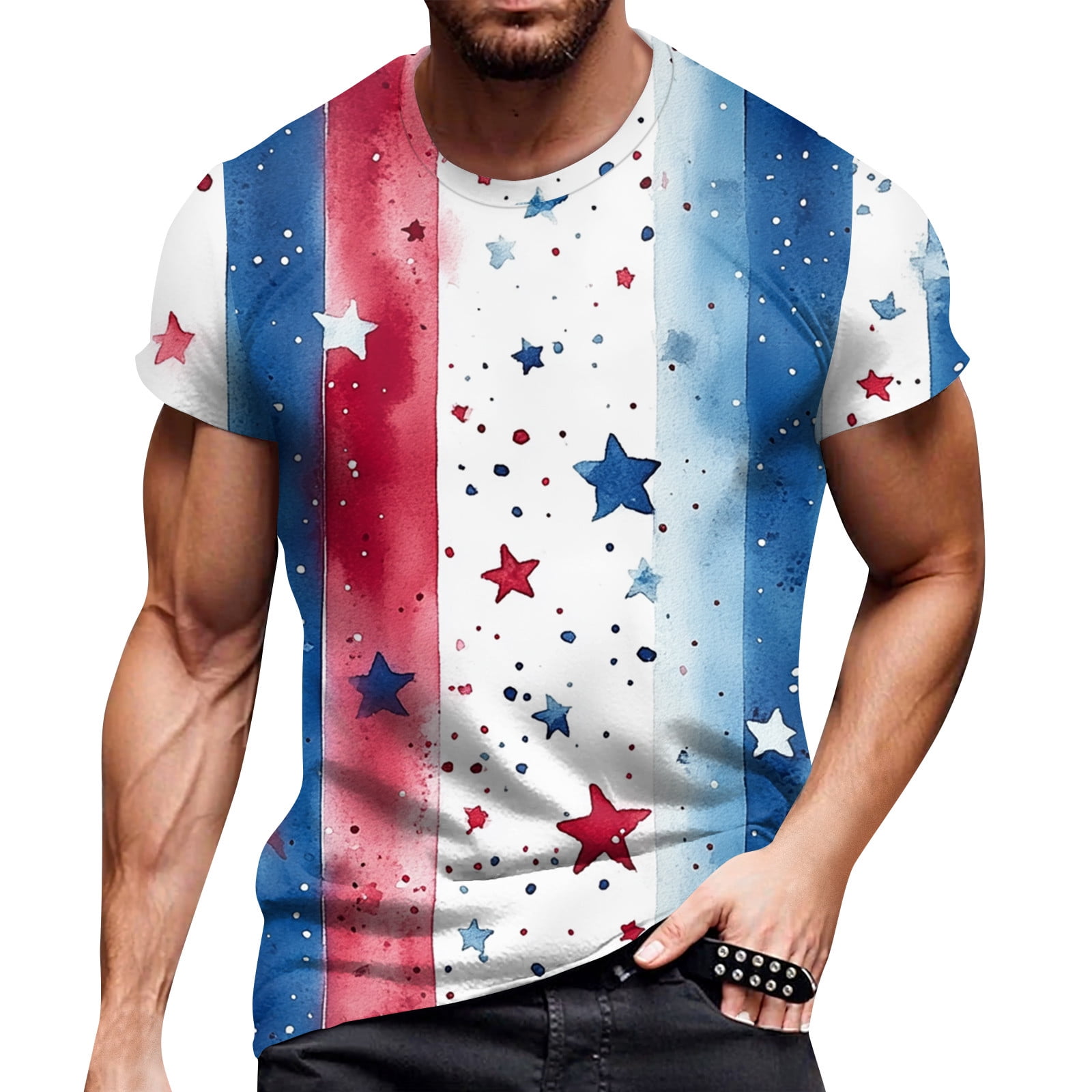 Patriotic US Flag Round Neck Short Sleeve T-Shirt