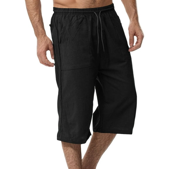 ADSSDQ Men's Long Linen Shorts Casual Summer Beach Below Knee Length Pocketed 3/4 Drawstring Capri Pant with Pockets Black 2XL