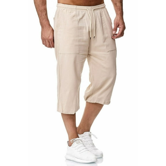 ADSSDQ Men's Long Linen Shorts Casual Summer Beach Below Knee Length Pocketed 3/4 Drawstring Capri Pant with Pockets Khaki 2XL