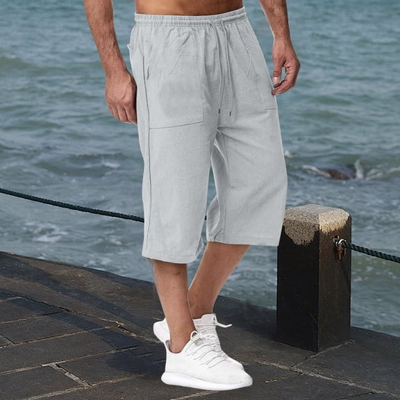 ADSSDQ Men's Long Linen Shorts Casual Summer Beach Below Knee Length Pocketed 3/4 Drawstring Capri Pant with Pockets Light Gray XL