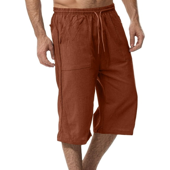 ADSSDQ Men's Long Linen Shorts Casual Summer Beach Below Knee Length Pocketed 3/4 Drawstring Capri Pant with Pockets Saffron 3XL