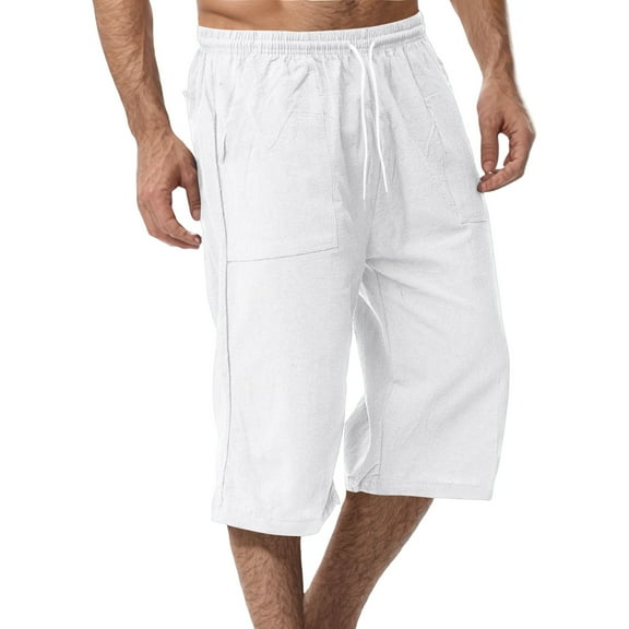 ADSSDQ Men's Long Linen Shorts Casual Summer Beach Below Knee Length Pocketed 3/4 Drawstring Capri Pant with Pockets White XL