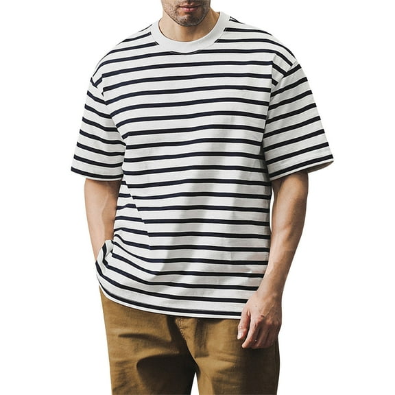 ADSSDQ Men's Loose T-Shirts Trendy Casual Striped Round Neck Short Sleeve Basic Tees White XL