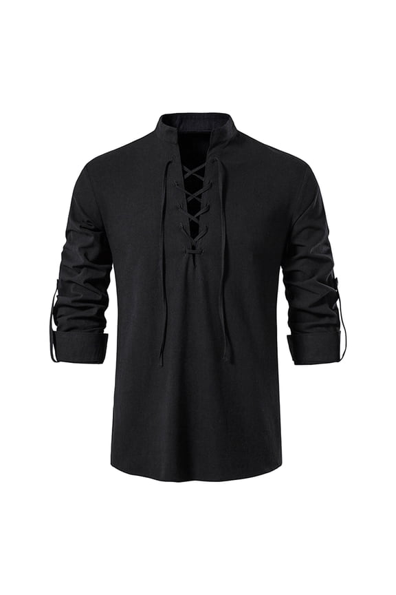 Men's Pure Cotton Line Retro Lace Up Shirts for Renaissance Pirate Viking Medieval Hippie Halloween Cosplay Costume Black 2XL