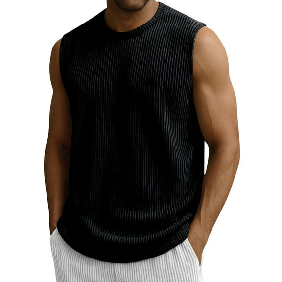 ADSSDQ Men's Ribbed Knit Tank Tops, Casual Sleeveless Tank Shirts Summer Classic Beach T-Shirts Breathable Muscle Tee Black 3XL