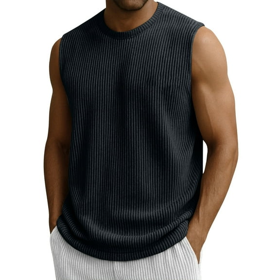 ADSSDQ Men's Ribbed Knit Tank Tops, Casual Sleeveless Tank Shirts Summer Classic Beach T-Shirts Breathable Muscle Tee Dark Gray XL
