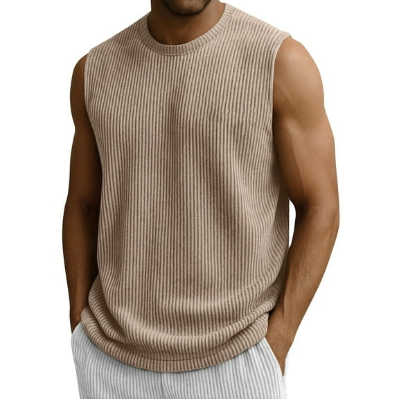 ADSSDQ Men's Ribbed Knit Tank Tops, Casual Sleeveless Tank Shirts Summer Classic Beach T-Shirts Breathable Muscle Tee Khaki M