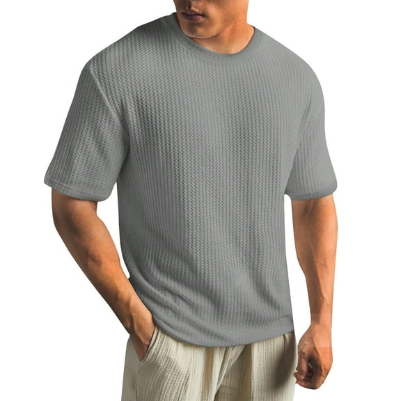 ADSSDQ Men's Round Neck Short Sleeve Waffle Knit Tee Summer Casual T Shirt Tops Gray L