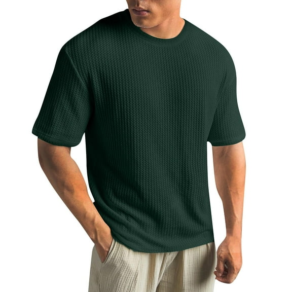 ADSSDQ Men's Round Neck Short Sleeve Waffle Knit Tee Summer Casual T Shirt Tops Green M