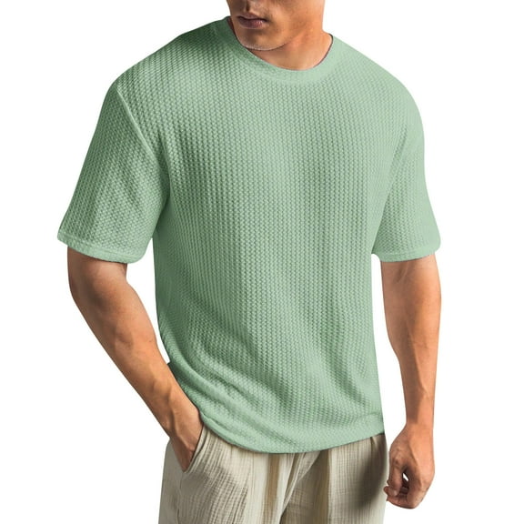 ADSSDQ Men's Round Neck Short Sleeve Waffle Knit Tee Summer Casual T Shirt Tops Light Green M