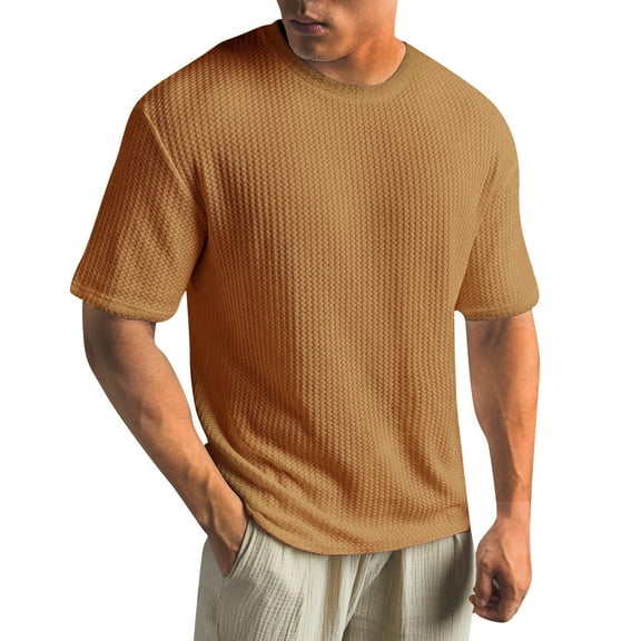 ADSSDQ Men's Round Neck Short Sleeve Waffle Knit Tee Summer Casual T Shirt Tops Orange M