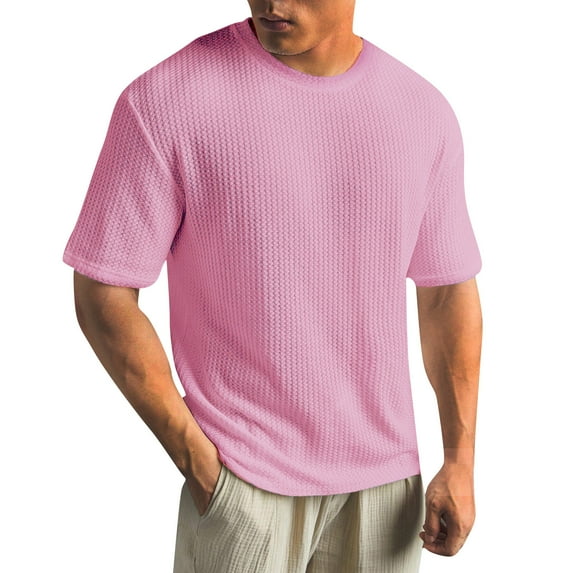 ADSSDQ Men's Round Neck Short Sleeve Waffle Knit Tee Summer Casual T Shirt Tops Pink M