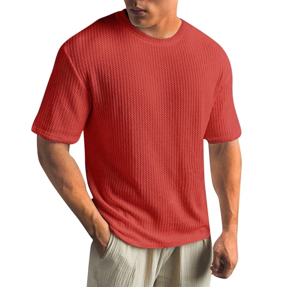 ADSSDQ Men's Round Neck Short Sleeve Waffle Knit Tee Summer Casual T Shirt Tops Red 5XL
