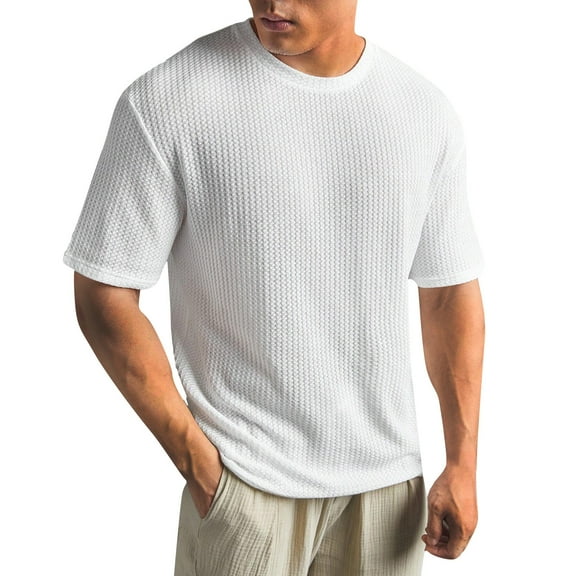 ADSSDQ Men's Round Neck Short Sleeve Waffle Knit Tee Summer Casual T Shirt Tops White M