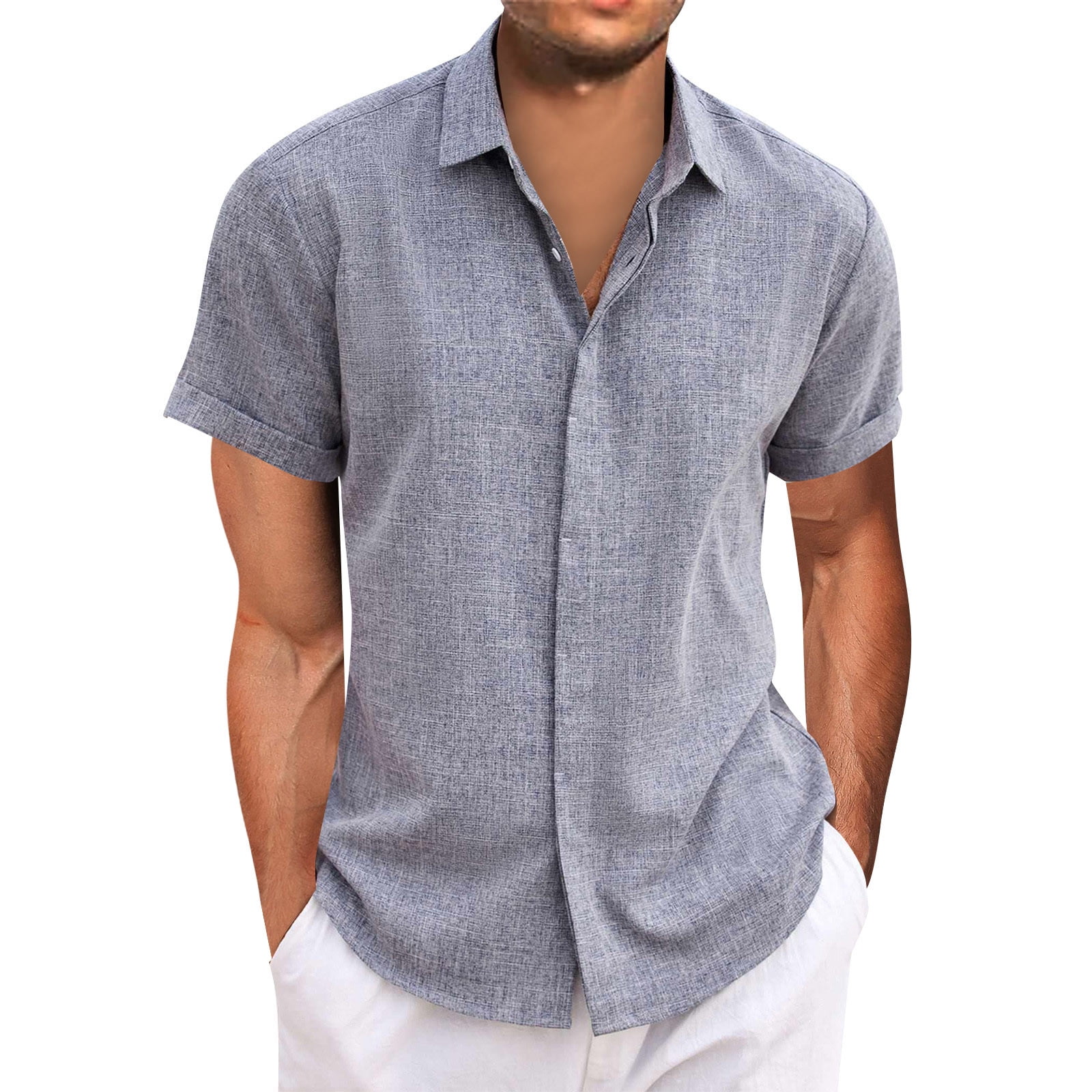 Elanbells Men's Linen Short Sleeve Button-Down Shirt - Slim Fit Casual Beach & Business Shirt