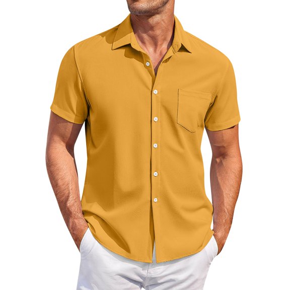 ADSSDQ Men's Short Sleeve Dress Shirts Stretch Casual Button Down Shirts Solid Formal Shirt Basic Tops Yellow 2XL