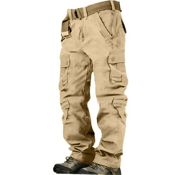 ADSSDQ Men's Tactical Cargo Pants, Military Pants Cotton Casual Work Hiking Pants with 8 Pockets Khaki 2XL