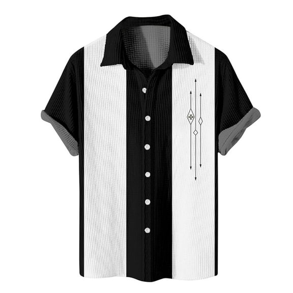 ADSSDQ Men's Vintage Bowling Shirts 1950s Casual Short Sleeve Button Up Contrast Shirt Summer Color Block Cuban Shirts Black 4XL