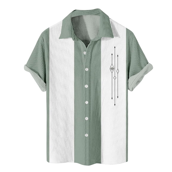 ADSSDQ Men's Vintage Bowling Shirts 1950s Casual Short Sleeve Button Up Contrast Shirt Summer Color Block Cuban Shirts Mint Green 7XL