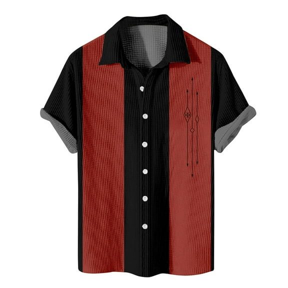 ADSSDQ Men's Vintage Bowling Shirts 1950s Casual Short Sleeve Button Up Contrast Shirt Summer Color Block Cuban Shirts Red 2XL