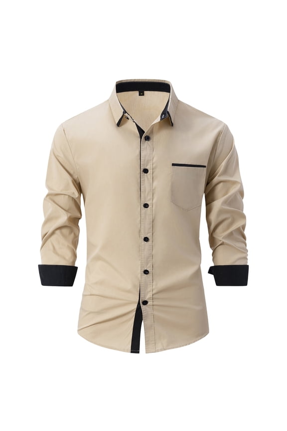 Mens Business Dress Shirts Long Sleeve Casual Button Down Shirt Formal Inner Collar Contrast Shirt for Men Wedding Big and Tall with Pocket Khaki 3XL