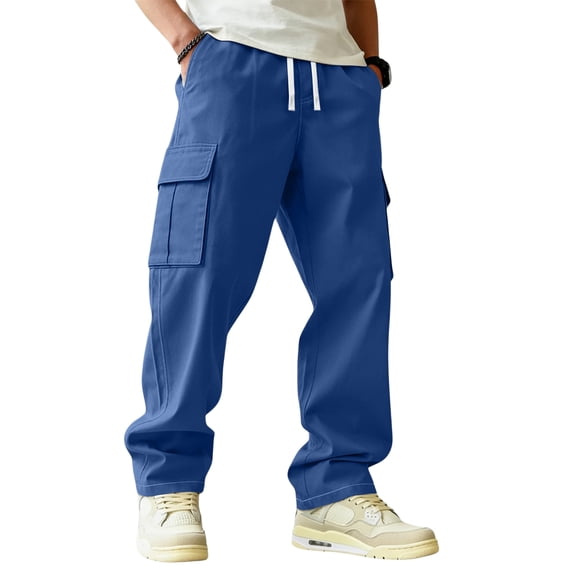 ADSSDQ Mens Casual Baggy Cargo Pants Stretch Sweatpants Loose Fit Drawstring Hiking Workout Joggers with Multi Pockets Blue 2XL