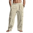 thumbnail image 1 of ADSSDQ Mens Casual Linen Pants Loose Fit Elastic Drawstring Waist Straight-Legs Summer Yoga Beach Long Pants with Pockets Khaki 3XL, 1 of 4