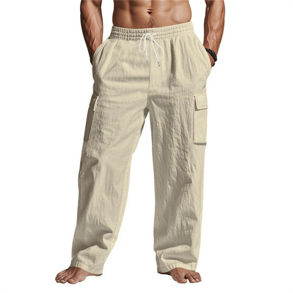 ADSSDQ Mens Casual Linen Pants Loose Fit Elastic Drawstring Waist Straight-Legs Summer Yoga Beach Long Pants with Pockets Khaki 3XL