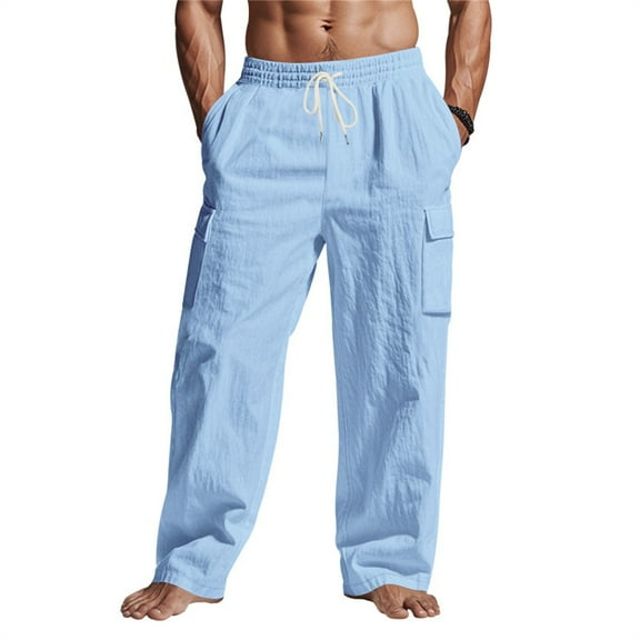 ADSSDQ Mens Casual Linen Pants Loose Fit Elastic Drawstring Waist Straight-Legs Summer Yoga Beach Long Pants with Pockets Light Blue M