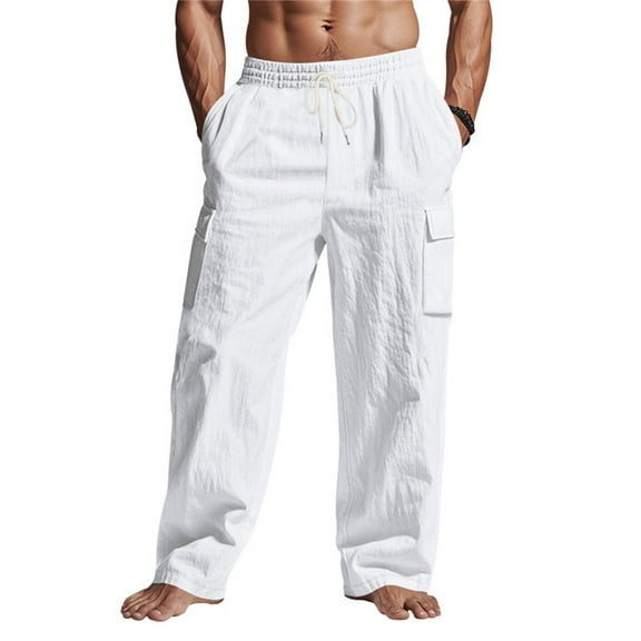 ADSSDQ Mens Casual Linen Pants Loose Fit Elastic Drawstring Waist Straight-Legs Summer Yoga Beach Long Pants with Pockets White 2XL