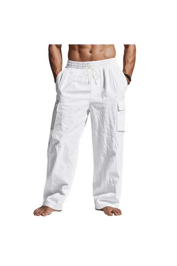 Mens Casual Linen Pants Loose Fit Elastic Drawstring Waist Straight-Legs Summer Yoga Beach Long Pants with Pockets White L